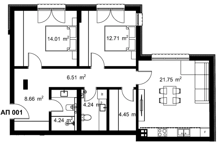 Разпределение по помещения — Апартамент №1